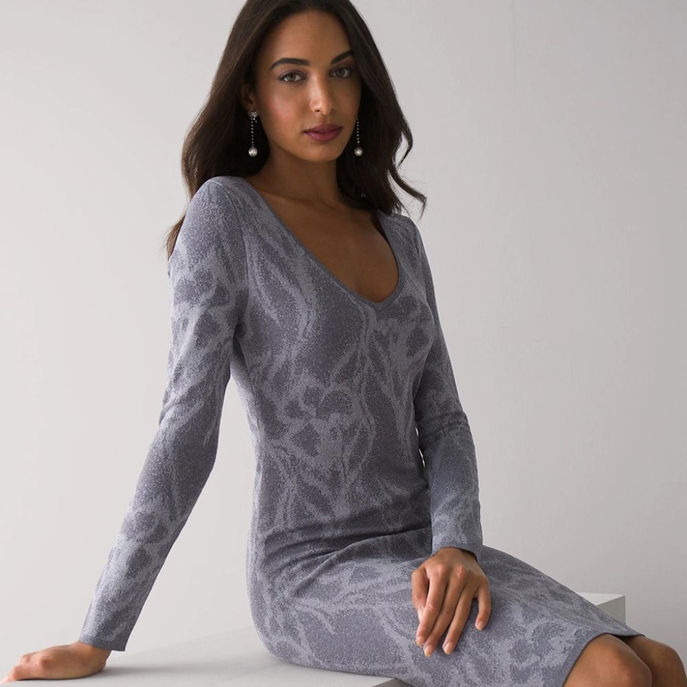 NWT WHBM Jacquard Sweater Dress, Gray Knit V-Neck Size Small
